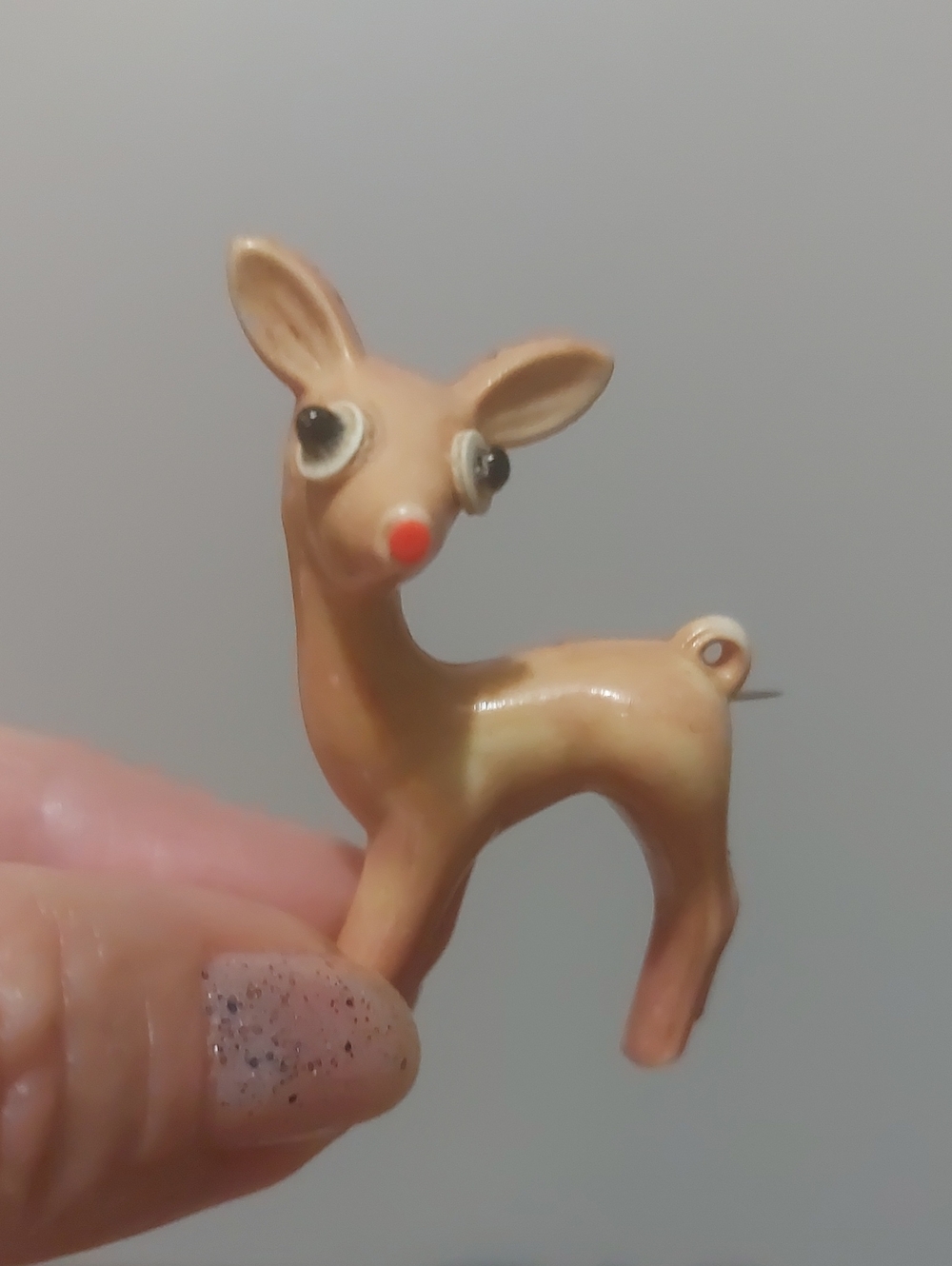 💚3/$25 Vintage 1940s Celluloid Rudolph Reindeer Brooch Pin Googly Eyes MCM